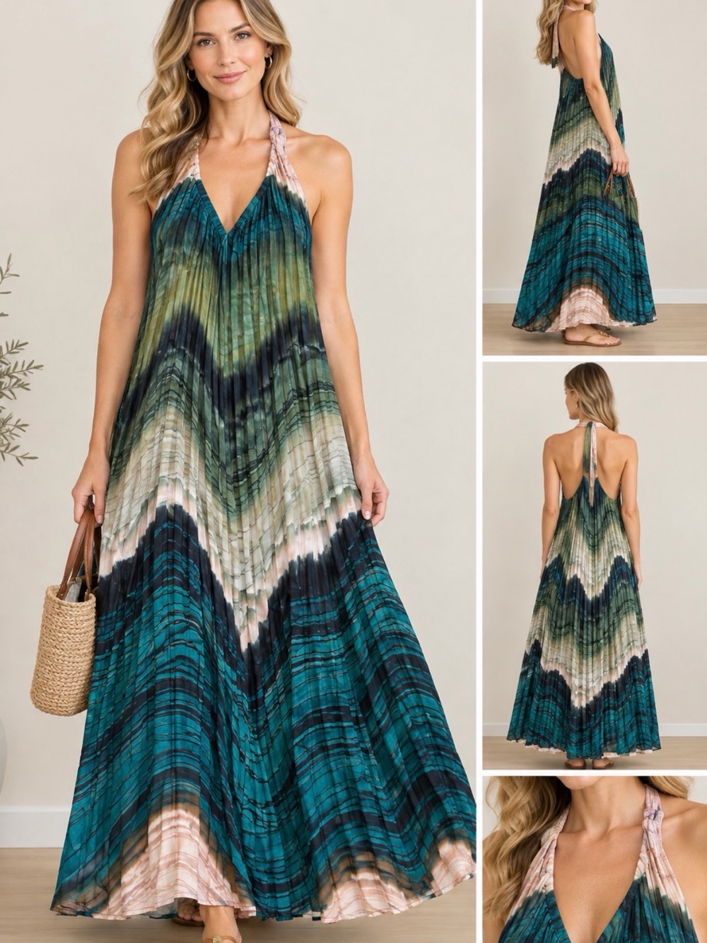 Green Blue Chevron Halter Maxi Dress